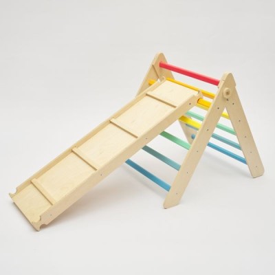 Triángulo Pikler y tobogán/escalera de madera - colores arcoiris - juguete infantil para trepar Busykids