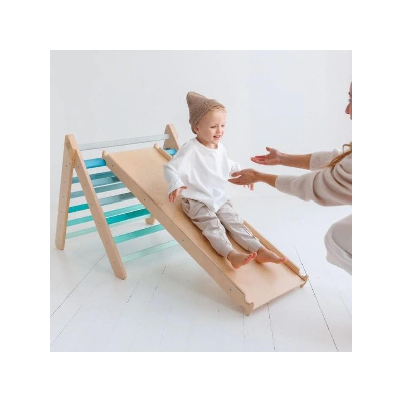 Triángulo Pikler y tobogán/escalera de madera - colores menta - juguete infantil para trepar Busykids