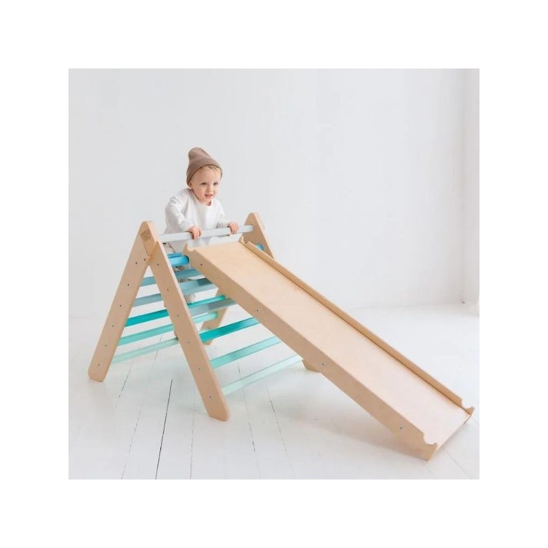 Triángulo Pikler y tobogán/escalera de madera - colores menta - juguete infantil para trepar Busykids