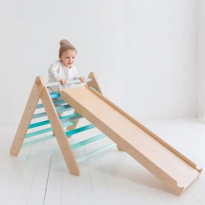 Triángulo Pikler y tobogán/escalera de madera - colores menta - juguete infantil para trepar Busykids