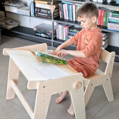 Conjunto Mesa y silla evolutiva infantil de madera - Montessori - Ajustables en altura Busykids