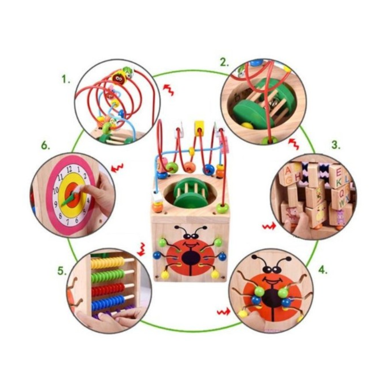 Cubo de Actividades infantil de Madera 6 en 1 - Juegos Laberinto, ábaco, reloj y bloques Labores Bella