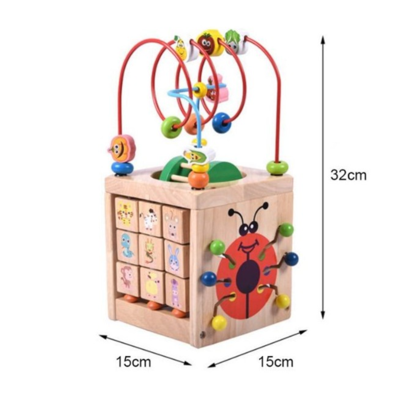 Cubo de Actividades infantil de Madera 6 en 1 - Juegos Laberinto, ábaco, reloj y bloques Labores Bella